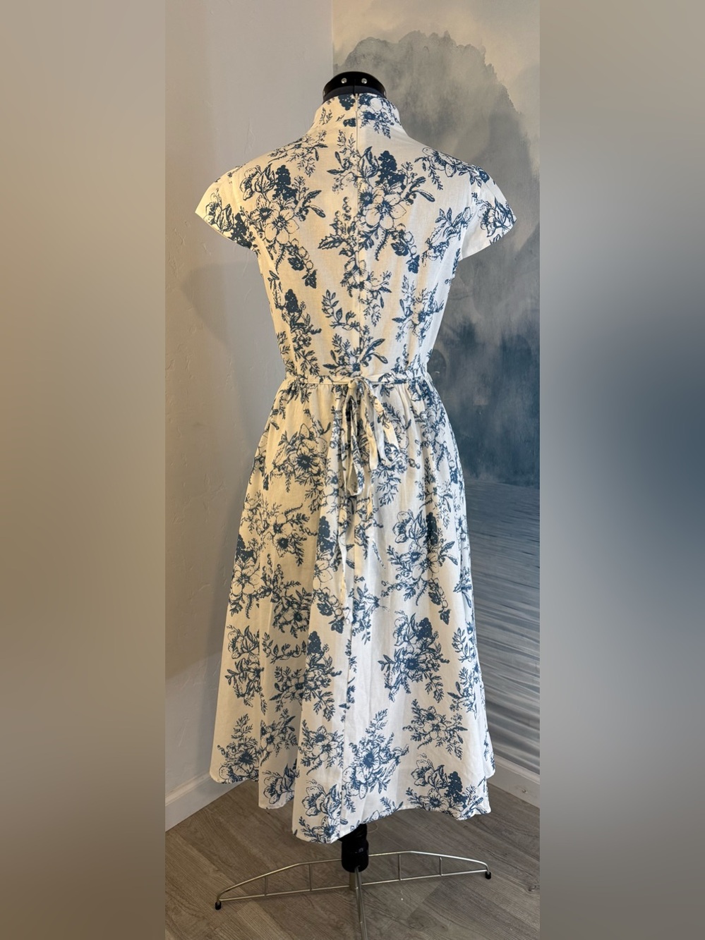 Blue Floral V-Neck Midi Dress - Women# 258 - Picture 5 of 7
